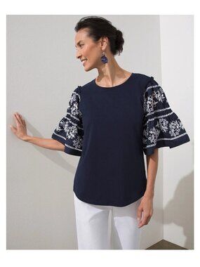 Chico’s Navy Embroidered Sleeve Top Cotton Blend Boho Chic Size 3 XL